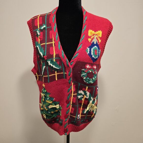 Jennifer Moore Petites Ugly Christmas Sweater Vest Women's Medium Red Hand Knit - Picture 1 of 10
